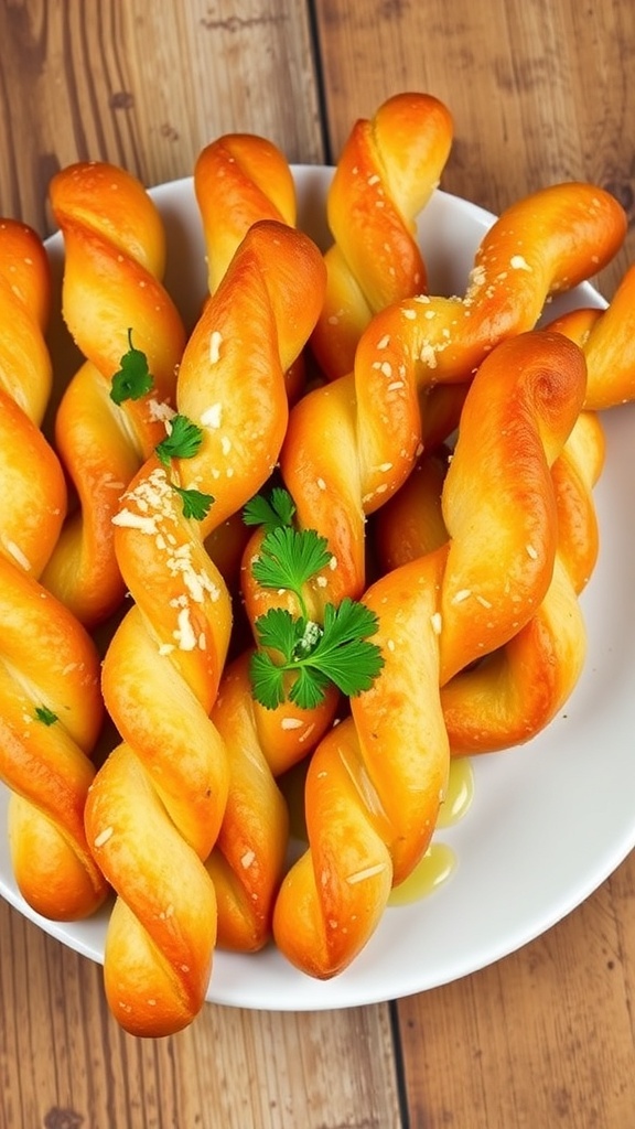 Golden brown garlic bread twists on a plate, garnished with parsley and Parmesan cheese.